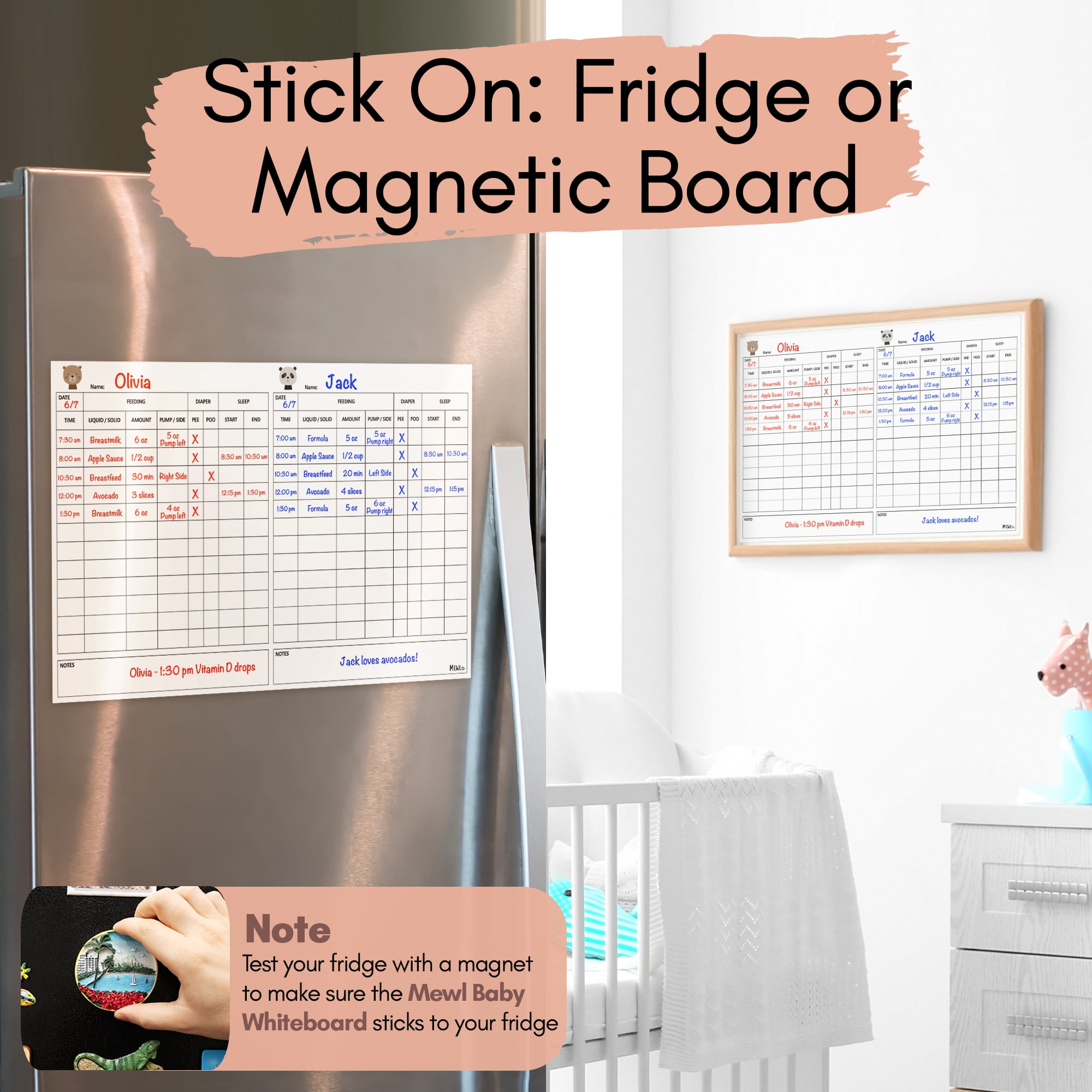 Mewl Twins Daily Log Whiteboard - Reusable Baby Tracker Dry Erase Board to Log Feedings, Diapers & Sleep 17 x 11 Inches