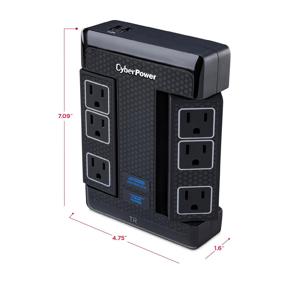 CyberPower HT600WSU2A 6-Outlet 500V Wall Mount Surge Protector, Black