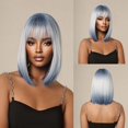 thumbnail image 2 of Pelucas sintéticas cortas de Ombre azul a blanco con flequillo, pelo recto Bob para mujer, fiesta diaria, Cosplay, Halloween, resistente al calor, 2 of 4