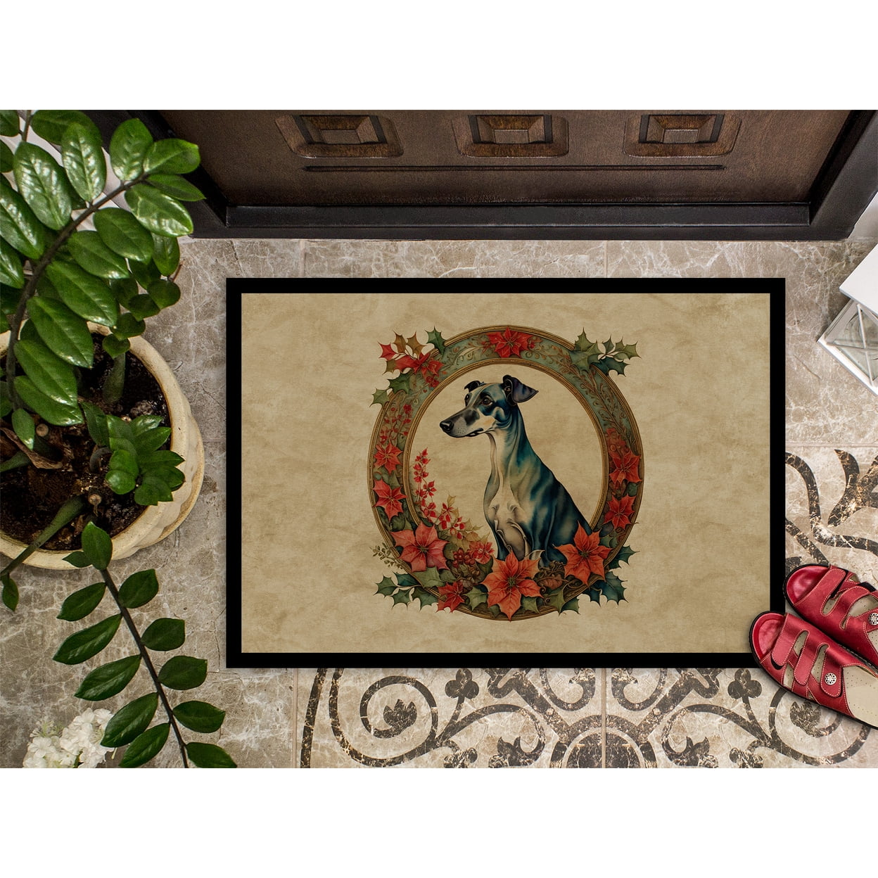 Carolines Treasures DAC2374MAT 18 x 27 in. Unisex Greyhound Christmas Flowers Doormat