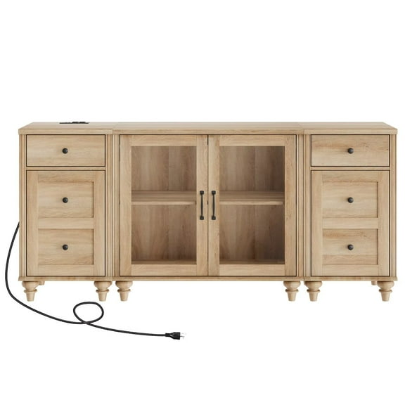 Wooden TV Stand for 75-Inch TV, Entertainment Center with 2-in-1 Sideboard Buffet Cabinet, Glass Door & Charging Station for Living Room and Kitchen, Oak Finish