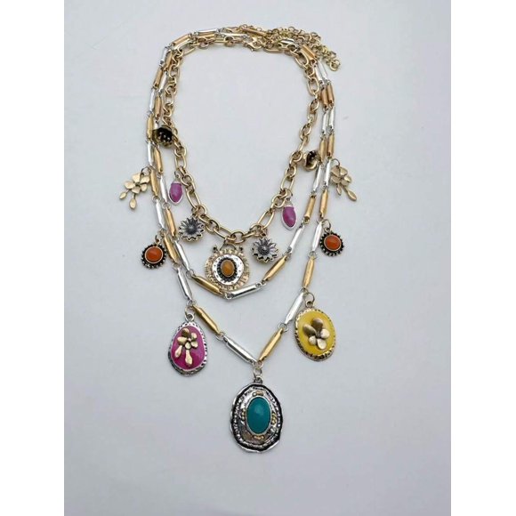 Collar Vintage Multicapa con Colores Dopamina y Charm Floral para Mujer