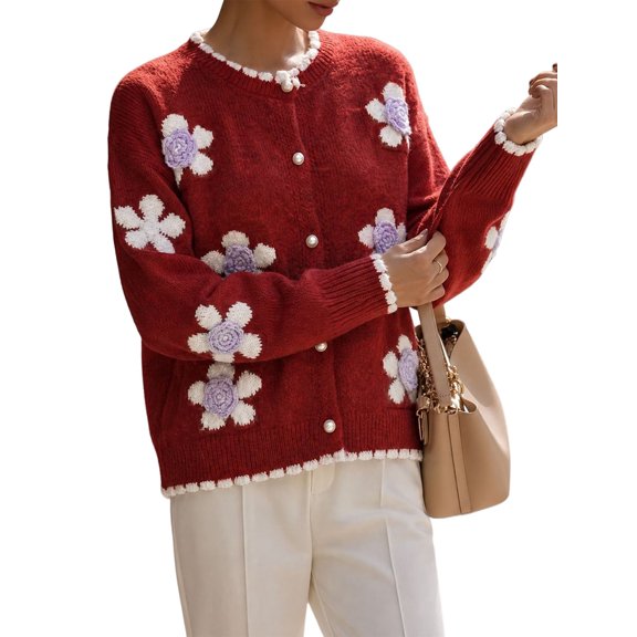 Women 3D Floral Applique Pearl Button Scalloped Trim Crew Neck Knit Cardigan Red S