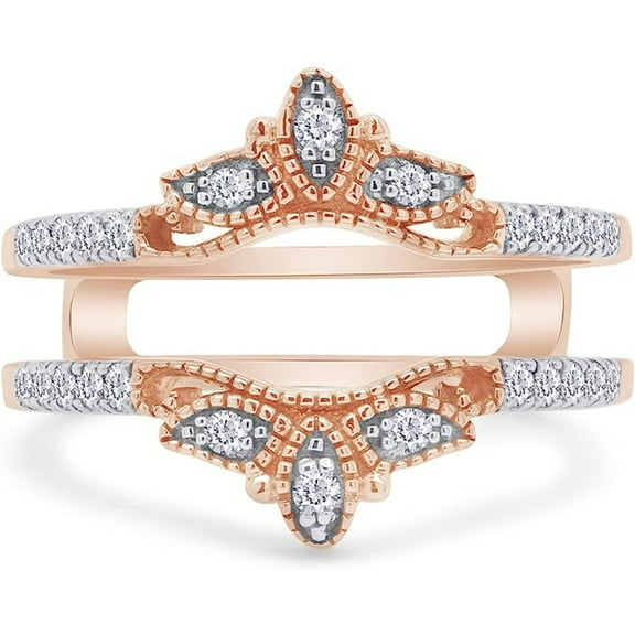 Jewelsyard Created Sparkling Round Cut White Diamond Real 925 Sterling Silver 14K Rose Gold Finish Filigree Vintage Moissanite Warp Guard Engagement Enhancer Ring Gift For Women