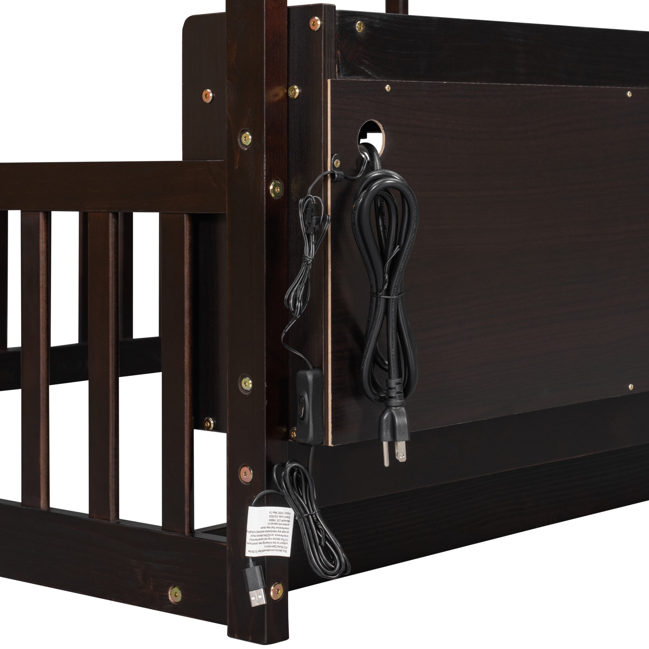 Noble House Norra Full Size Pine Wooden House Floor Bed with Storage Shelves, LED Lights & Charging Station, Espresso