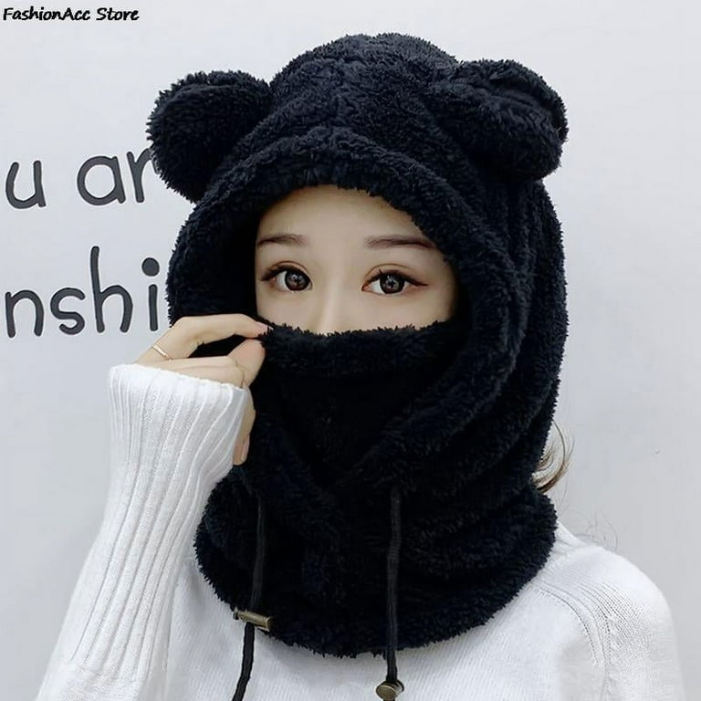 Winter Plush Bear Ear Hat And Balaclava Set With Ears, Warm Scarf