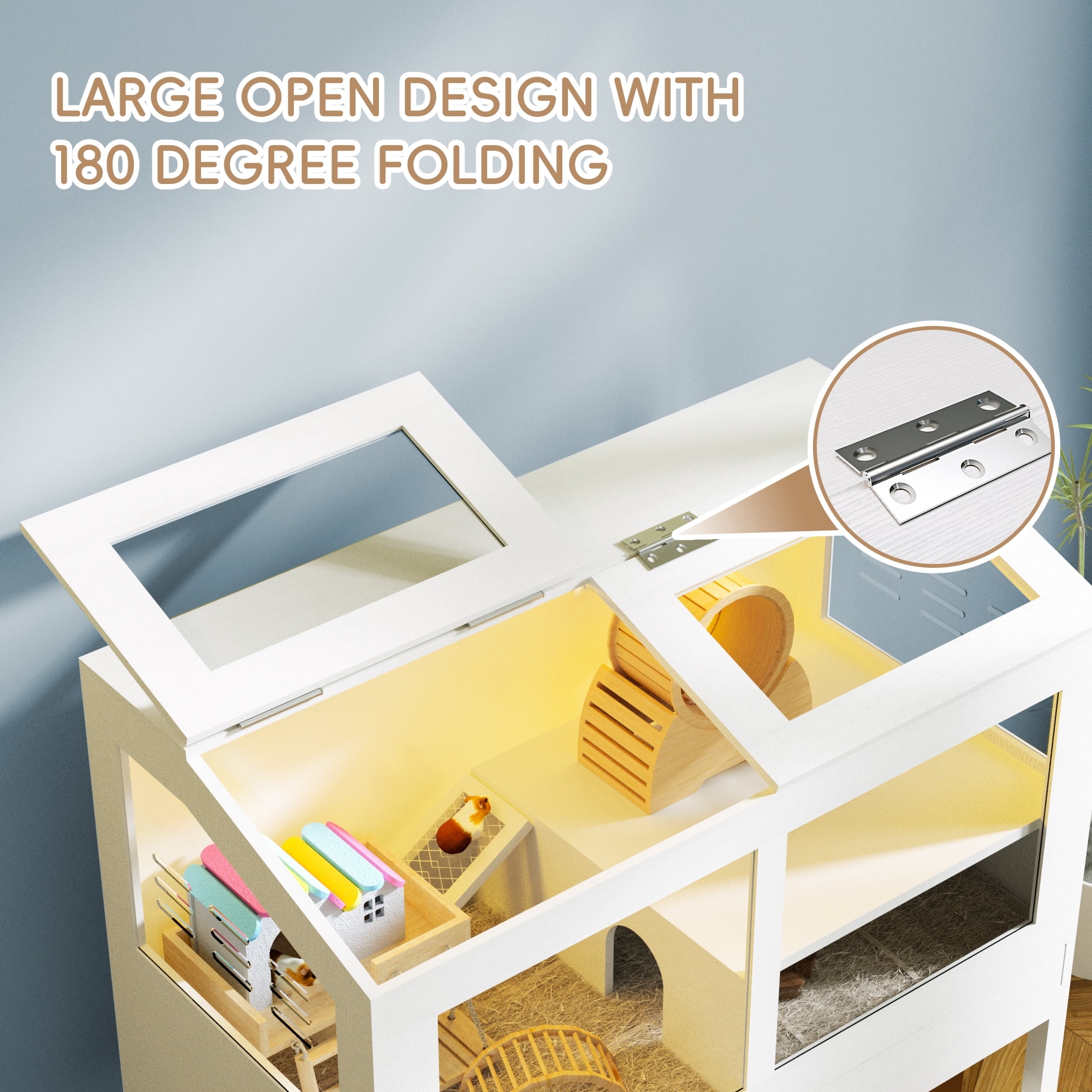 Joywind Large Hamster Cage with Storage Cabinet - Easy-Clean Small Animal Habitat with Acrylic View Panels & Pull-Out Drawer for Guinea Pigs, Rabbits, Hedgehogs