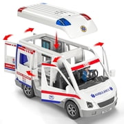 Playkidiz Push & Go Ambulance Toy Playset Emergency Vehicle with Realistic Lights & Sounds, 4 Buildable Figures, Stickers, and Accessories for Ages 3+