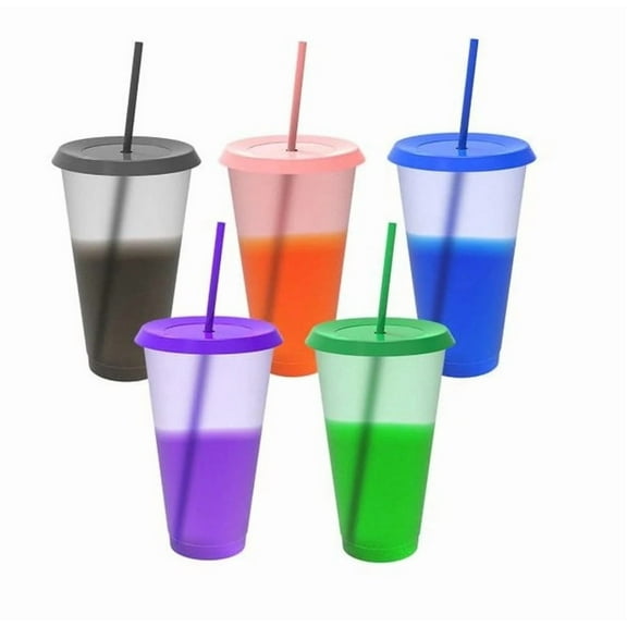 32 oz Tumbler Set, 5 Pack Plastic Kids Cups with Straws and Lids, An Ideal Party Reusable Color Changing Cups – Mix and Match, 5 FunCups, Dishwasher Safe, BPA Free
