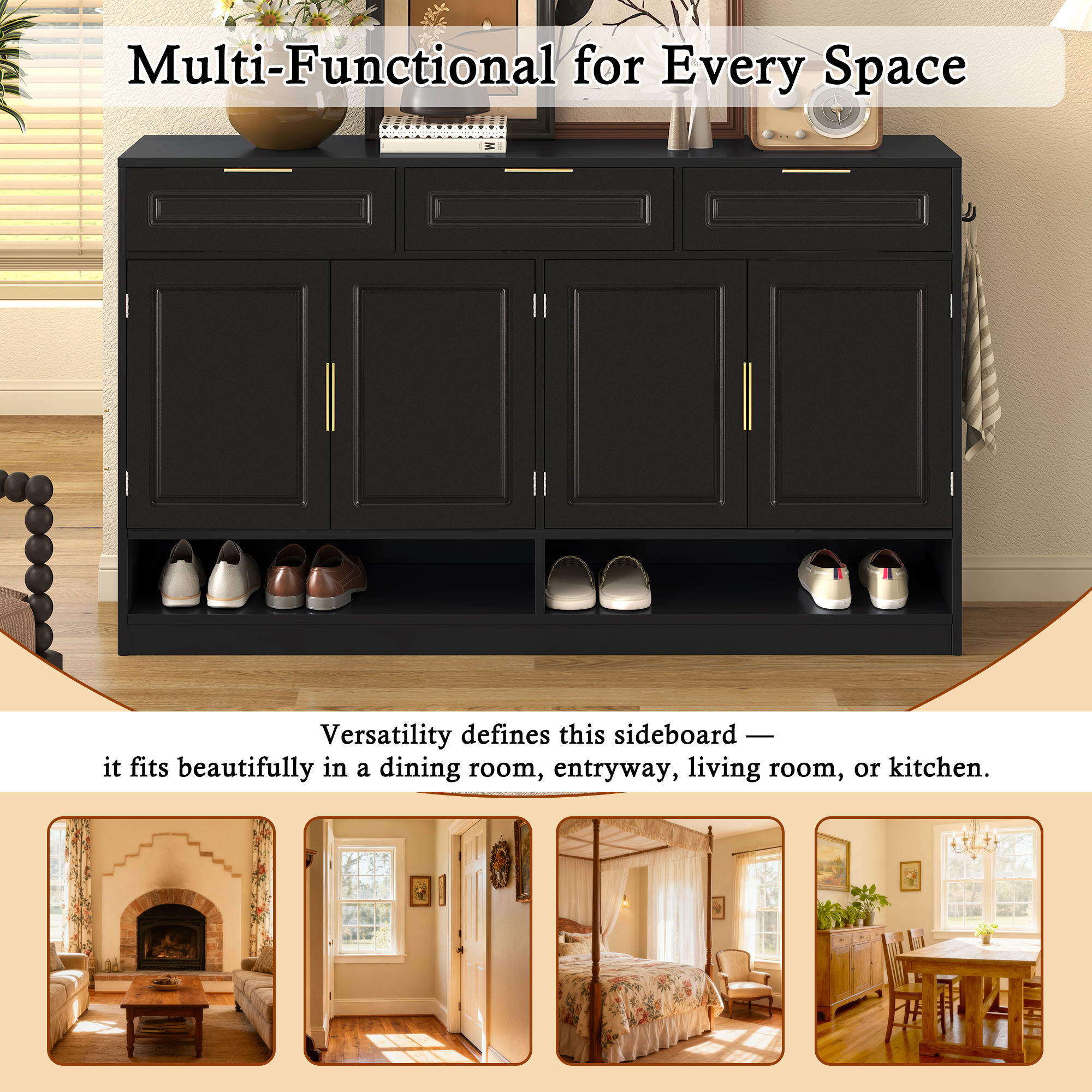 Aukfa 59.1" Sideboard Buffet Cabinet,Large Storage Cabinet with 3 Drawers & Adjustable Shelf,Black