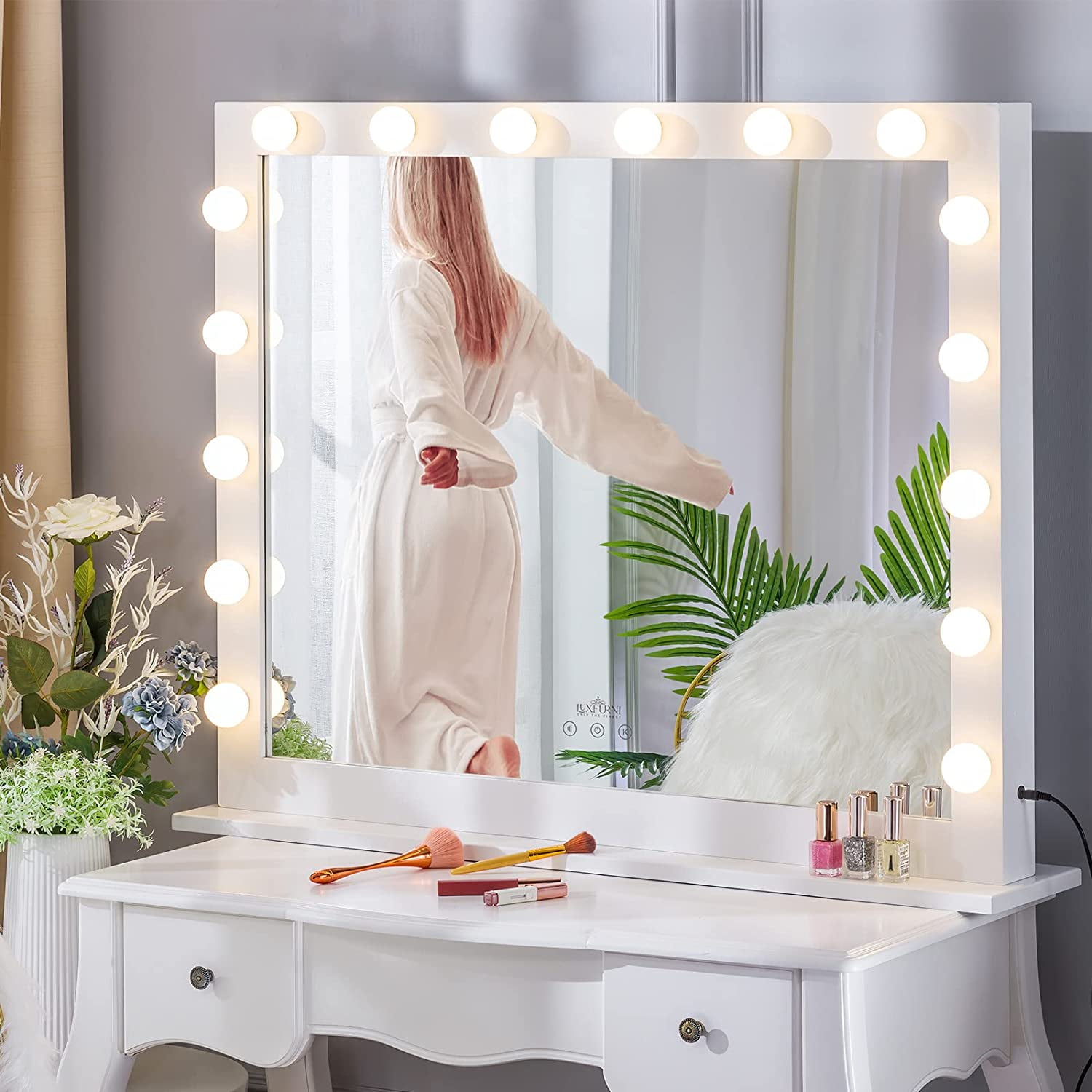 LUXFURNI Vanity Mirror with Makeup Lights, Large Hollywood Light up Mirrors  w/ 18 LED Bulbs for Bedroom Tabletop & Wall Mounted (26Lx21W, White)