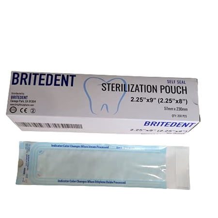 BRITEDENT Self Sealing Sterilization Pouches 2.25”in x 9”in 600 Easy Open Autoclave Sterilizer Bags for Dental and Medical Tools Triple Check Technology to Confirm Sterilization