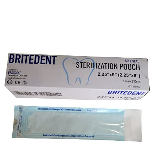 BRITEDENT Self Sealing Sterilization Pouches 2.25”in x 9”in 600 Easy Open Autoclave Sterilizer Bags for Dental and Medical Tools Triple Check Technology to Confirm Sterilization