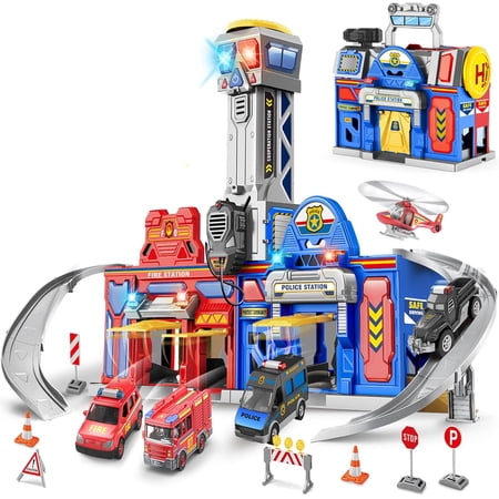 Aijohnny 2-in-1 Large City Action Toddler Playset, Transform Track Toy with Cars, Police & Fire Station, Birthday Gifts for Kids 1-3 3-5 5-8 Years Old