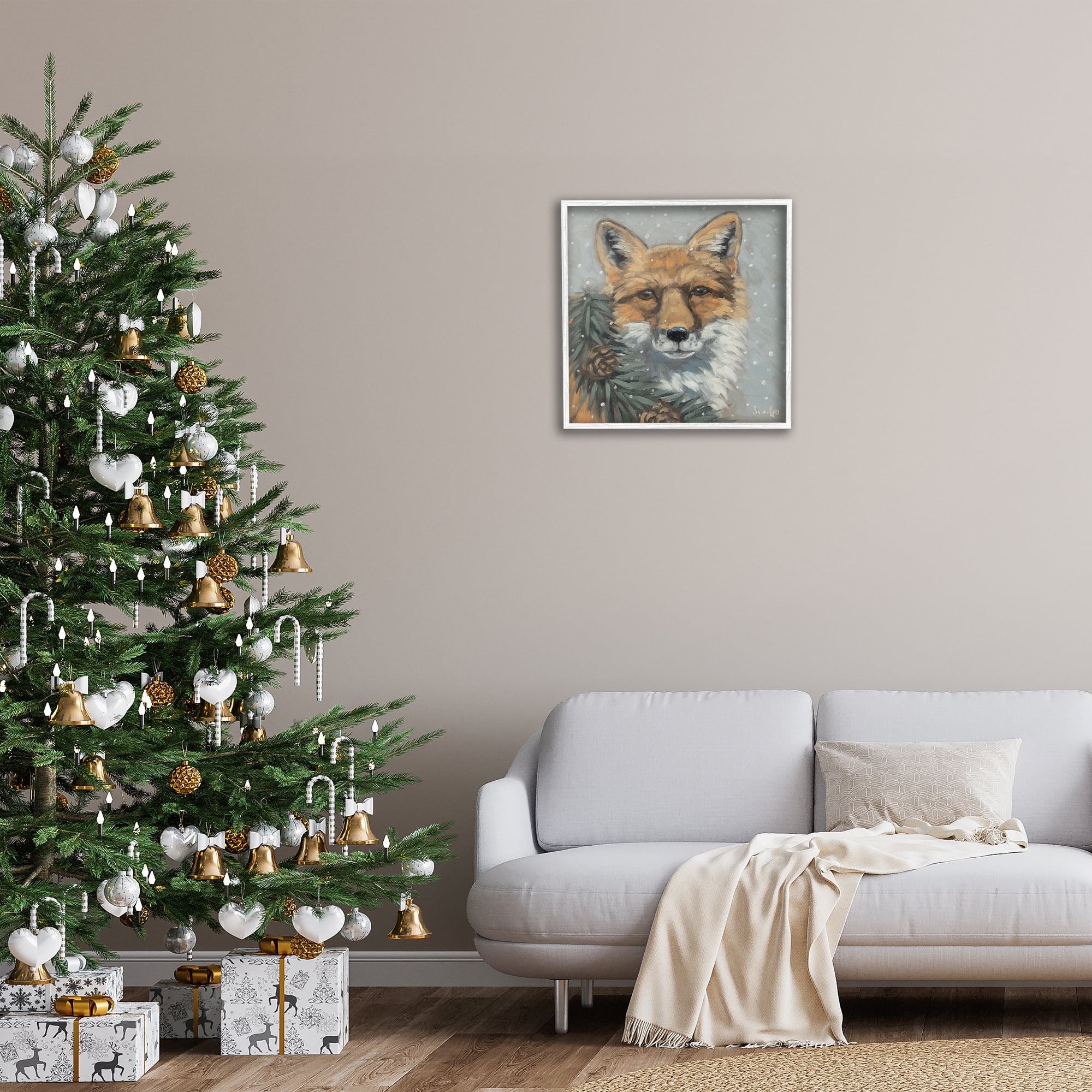 Stupell Industries Fox with Snowy Pinecones Holiday Painting White Framed Art Prints Wall Art, 24 x 24