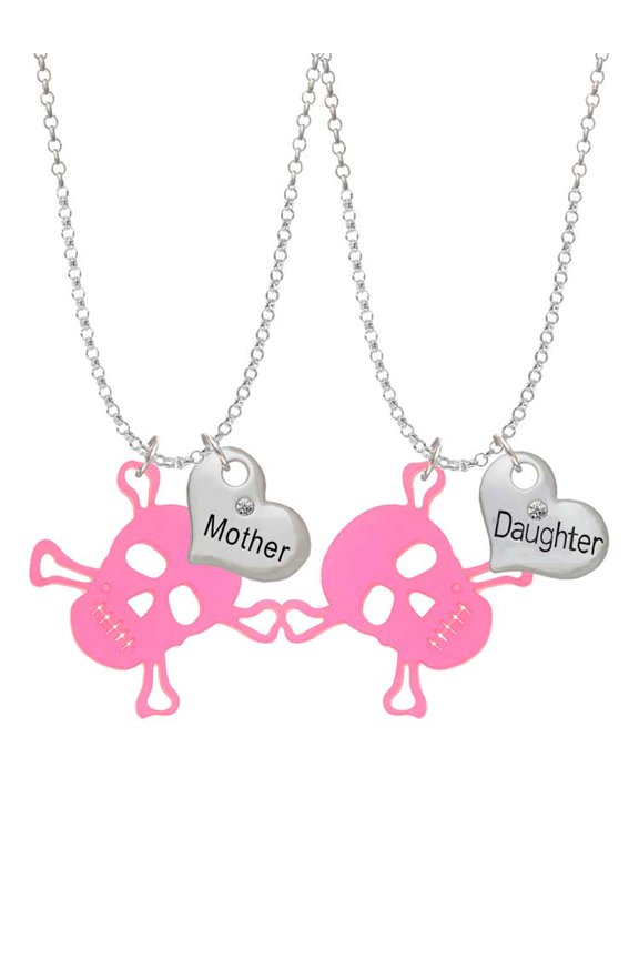 Acrylic Large Pink Skull Mother & Daughter Heart Necklaces (Set of 2), 19"+2"