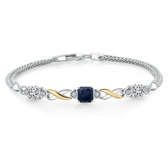 Gem Stone King 925 Silver and 10K Yellow Gold Blue Sapphire and Lab Grown Diamond Bracelet for Women | 2.82 Cttw | Gemstone September Birthstone | Cushion 6MM | 7 inches | Made in Italy