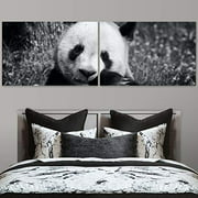 Color-Banner 2 Pieces Modern Canvas Wall Art Black and White Panda Eating Leaves for Living Room Home Decorations - 16"x24" x 2 Panels