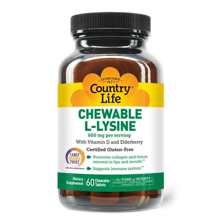 Country Life Chewable L-Lysine With Vitamin D and Elderberry, Tangy Orange Twist, 600 mg, 60 Chewable Tablets (300 mg per Tablet)
