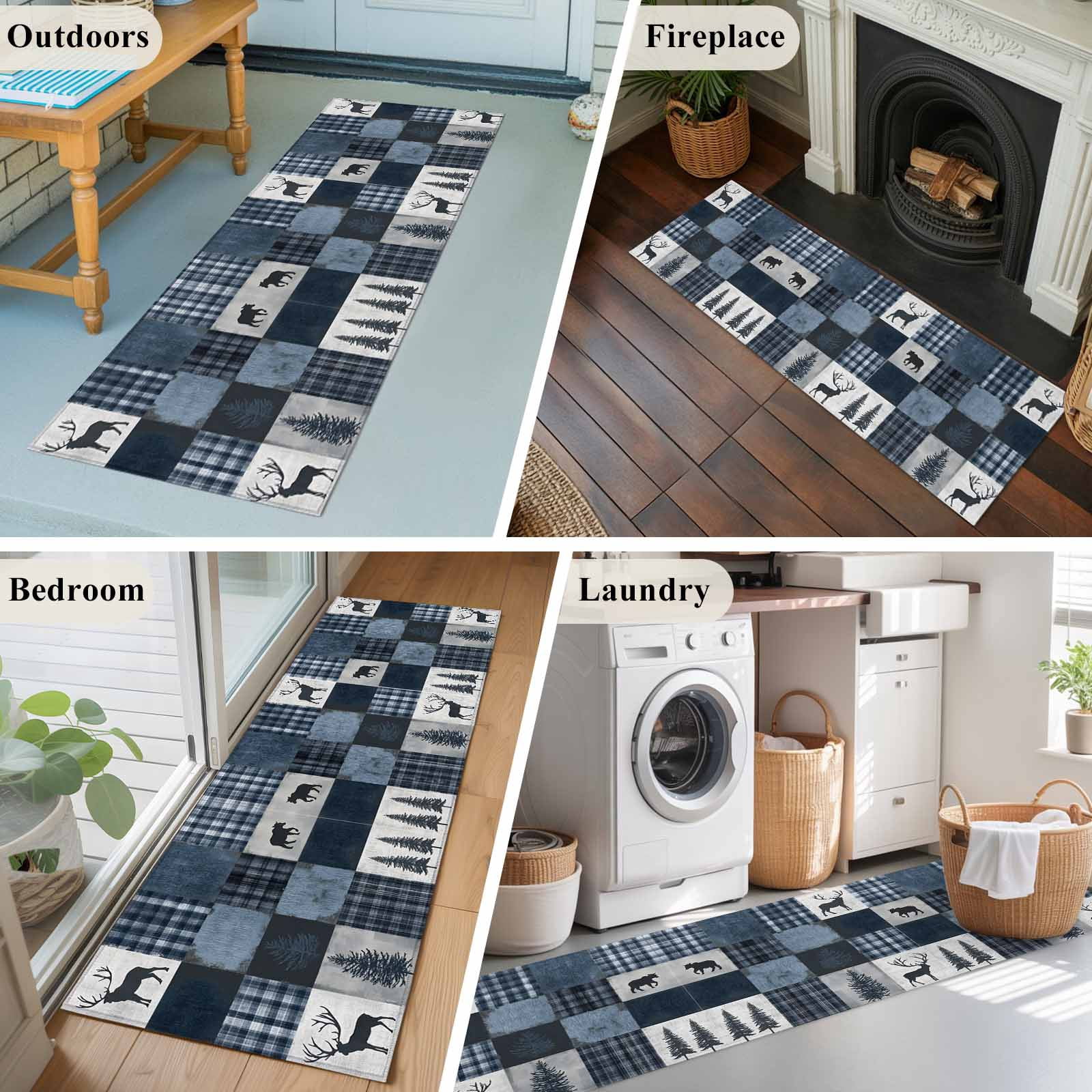 Navy Blue Plaid Runner Rug 2x6 FT, Non Slip Hallway Rugs, Vintage Farmhouse Animals Tree Washable Soft Floor Carpet Non-Shedding Throw Runner Carpet Long Rug for Entryway Kitchen Bedside Sliding Door