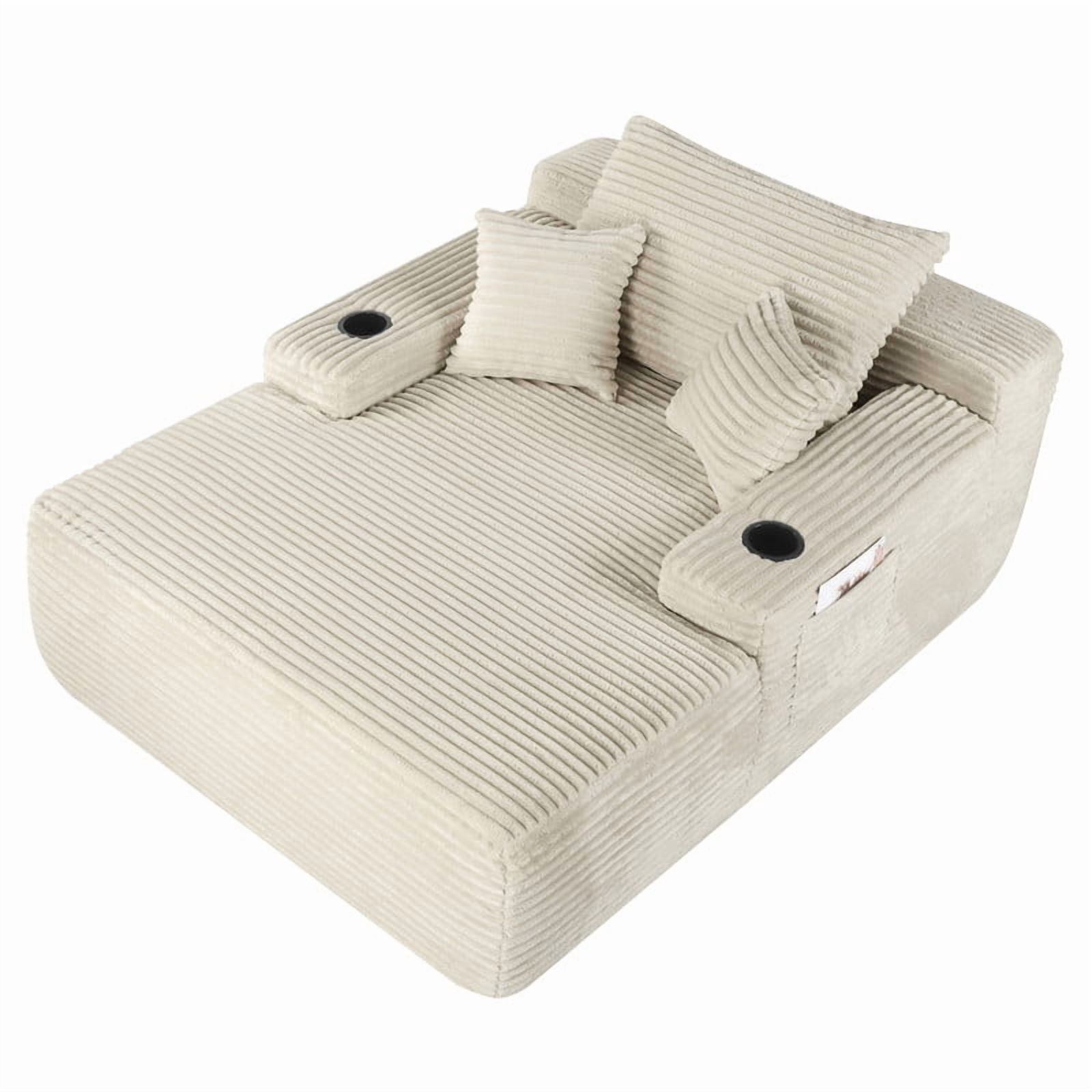 Oversized Chaise Lounge Chair with Cup Holders, Boneless Upholstere Sleeper Chair Deep Seat Sofa Bed Cloud Couch for Living Room, No Assembly Required