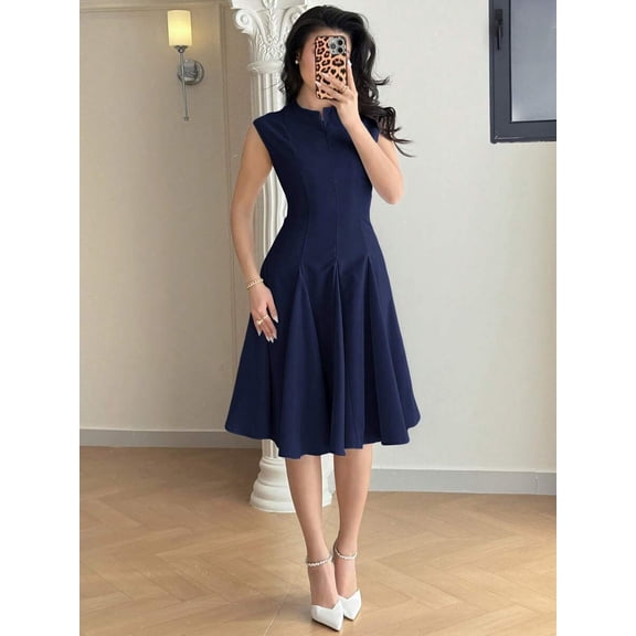 Navy Blue Sleeveless Waist-Cinched Fit & Flare Dress For Women