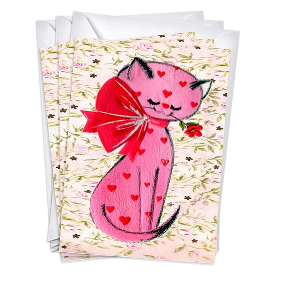 Funny Pink Cat Valentines/Galentines Day Greeting Cards | 3 Pack Set (5x7)