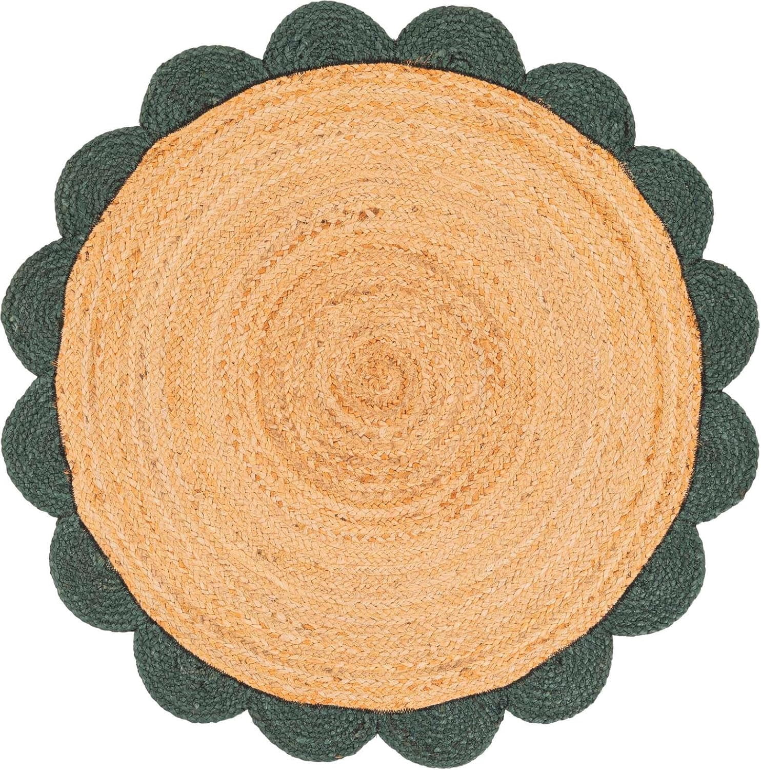 Indian Handmade Braided Natural Jute with Green Border Scalloped Area Rug 7 x 7 Feet Round (213 cm x 213 cm), Home Decor Rugs
