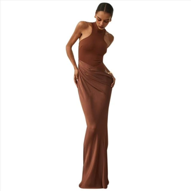 Robe Longue Décontractée d'Été pour Femmes Élégante Sans Manches Col Halter Robe Maxi Moulante Couleur Café S