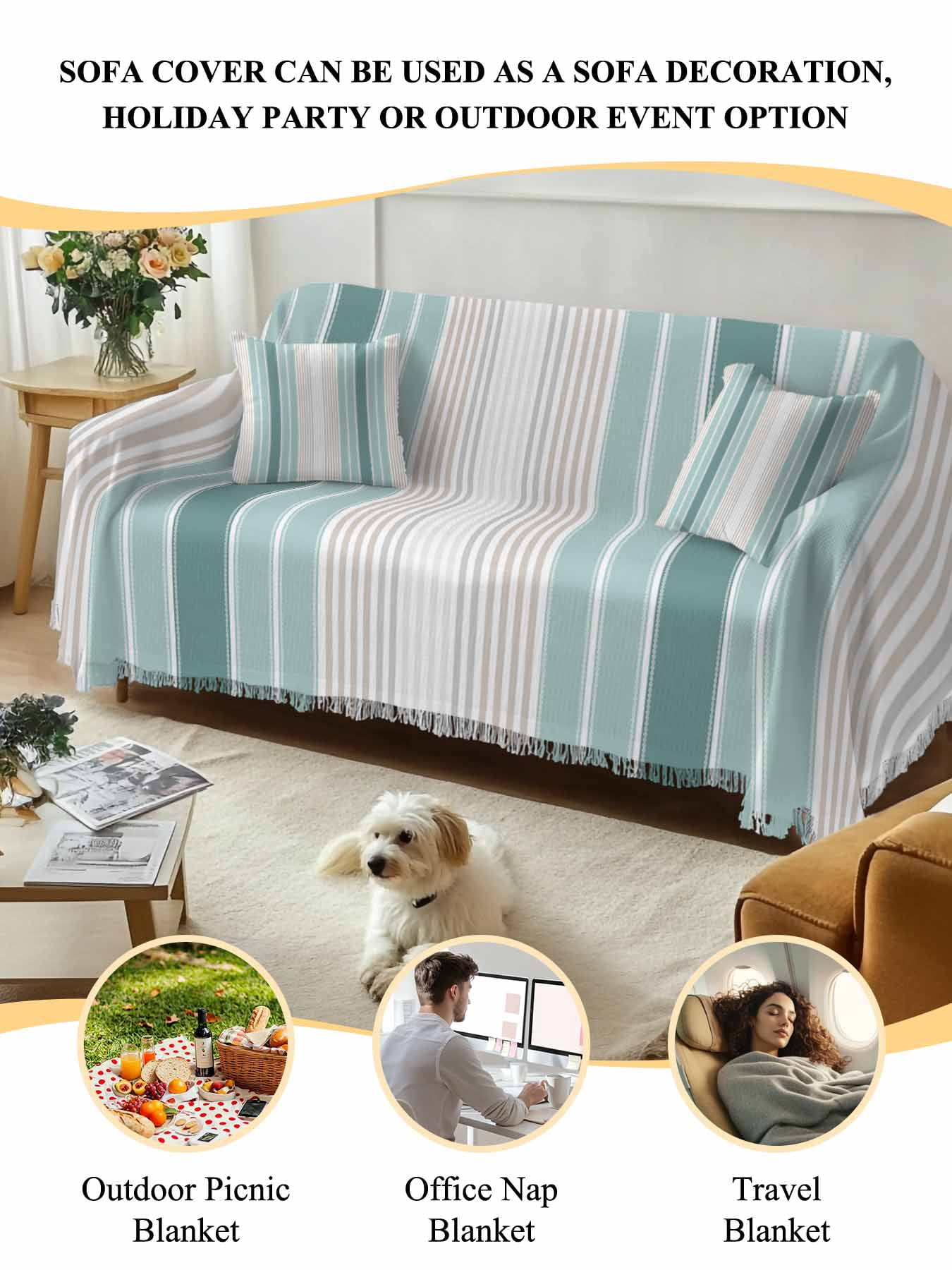 Teal Aqua Stripes Couch Cover, Minimalist Abstract Vertical Lines Oversized Sofa Cover Blanket for 3 Cushion Couch,Sectional Sofa Slipcover Furniture Protector for Living Room Bedroom 71''x150''