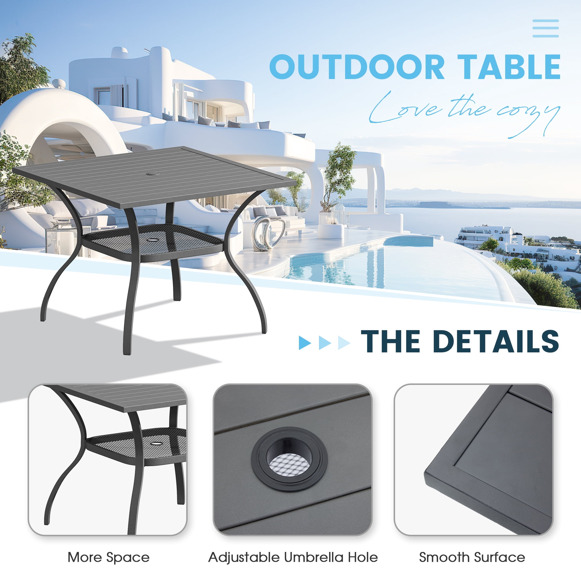 DIFY 5PCS Patio Dining Furniture Set, 38" Square Slatted Table and 4 Swivel Textilene Chairs