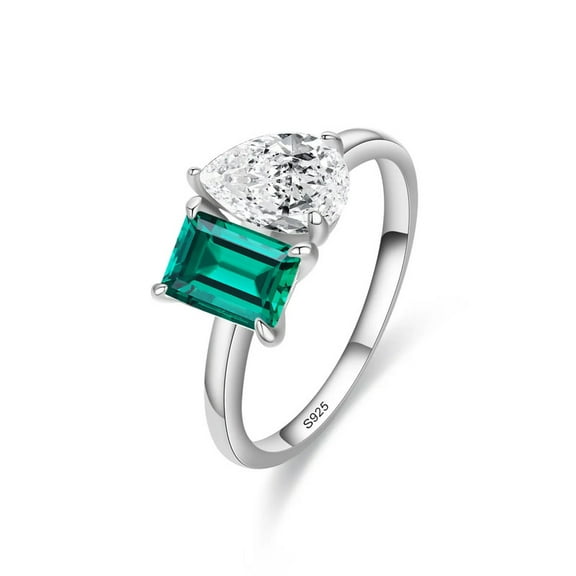 Emerald and Pear Cut Lab Created Emerald and Moissanite Toi Et Moi Engagement Ring in 925 Sterling Silver – Unique Design, Timeless Elegance, and Premium Craftsmanship for Her