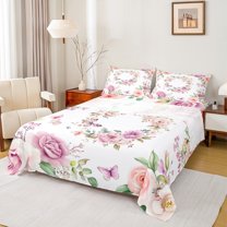 Manfei Retro Rustic Flower Bed Sheets,Countryside Floral Butterfly King Sheets,Pink White Sheet Set For Girls,Super Cozy Room Decor,4-Piece