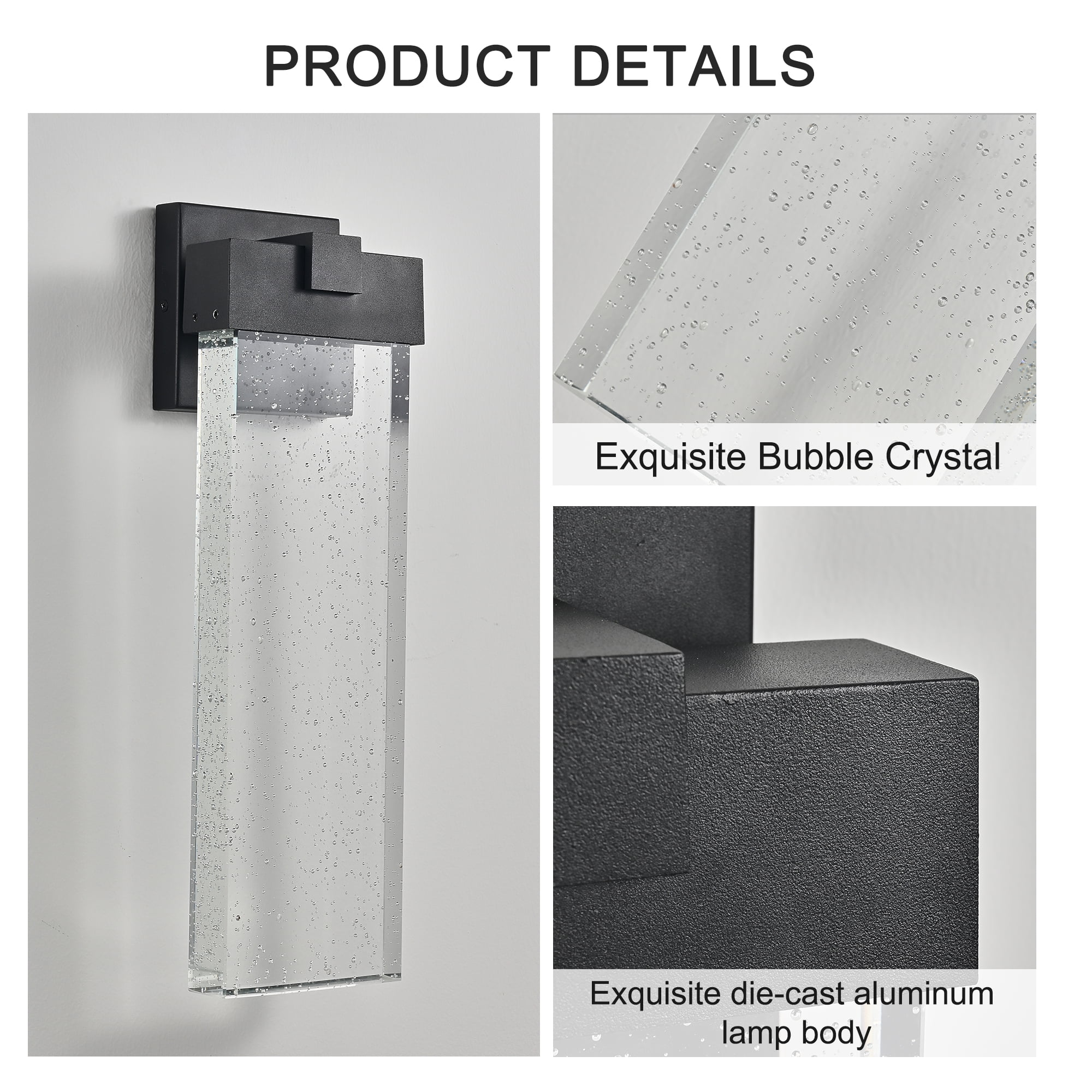 18.2" Front Door LED Outdoor Wall Sconce - Modern Black Aluminum & Bubble Crystal Glass Weatherproof Exterior Light Fixture, 3000K Warm White for Entryway, Garden, Porch