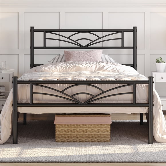 Yaheetech Metal Platform Bed Frame with Cloud Inspired Design Headboard, Twin, Black