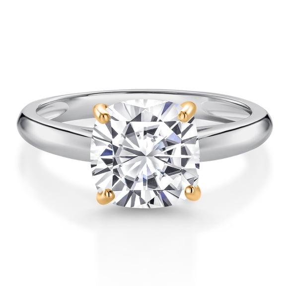 Gem Stone King 925 Sterling Silver and 10K Yellow Gold White Moissanite Solitaire Engagement Ring for Women (2.40 Cttw, Cushion 8MM, Gemstone Birthstone, Size 6)