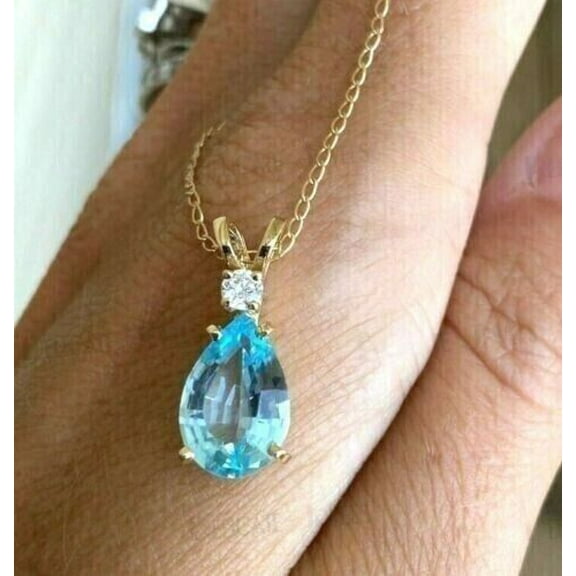 2CT Pear Cut Blue Topaz Women's Two Stone Beautiful Pendant Chain 18" 14K Yellow Gold Plated