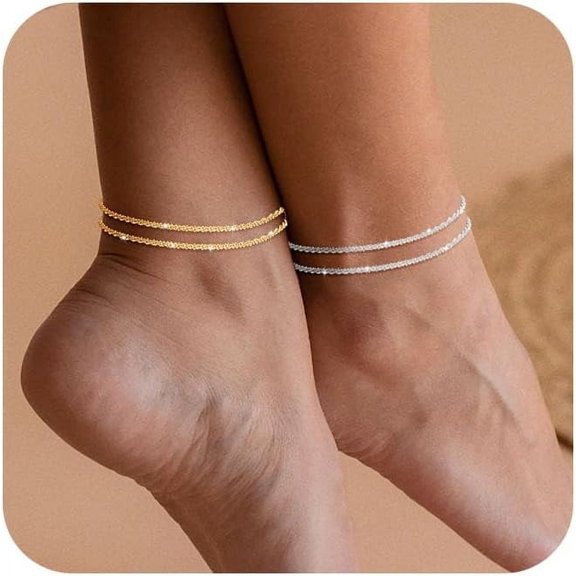 Gold/Silver Plated Ankle Bracelets for Women,14K Gold Plated Anklets for Women Waterproof Sparkly Chain Rhinestone Anklets Set Stackable Layered Anklet Bracelets for Women Beach Gold Jewelry Gift