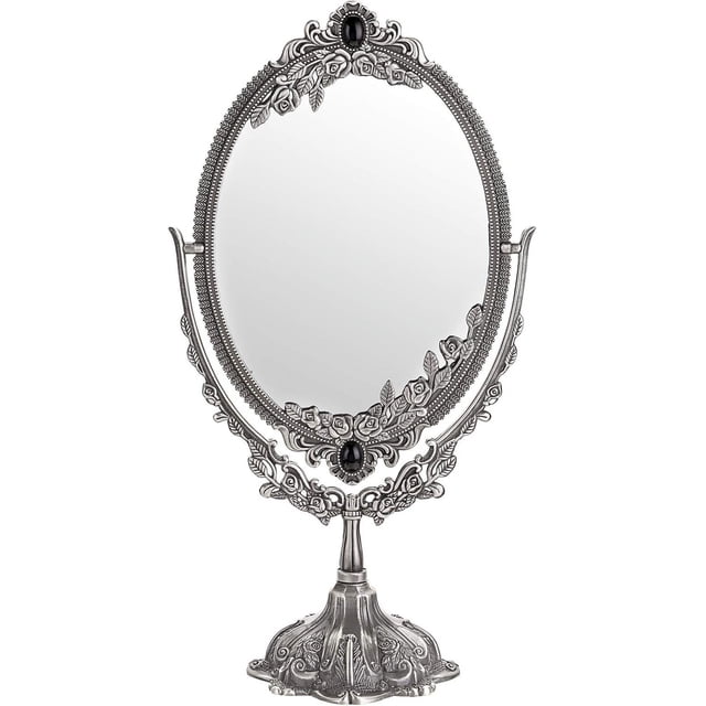 Elegant Silver Makeup Mirror, Double Sided Oval Design with Plated Mirror for Clear Image, Classical European Retro Style, Light-weighted with Velvet Base Layer for Anti-slip Performance