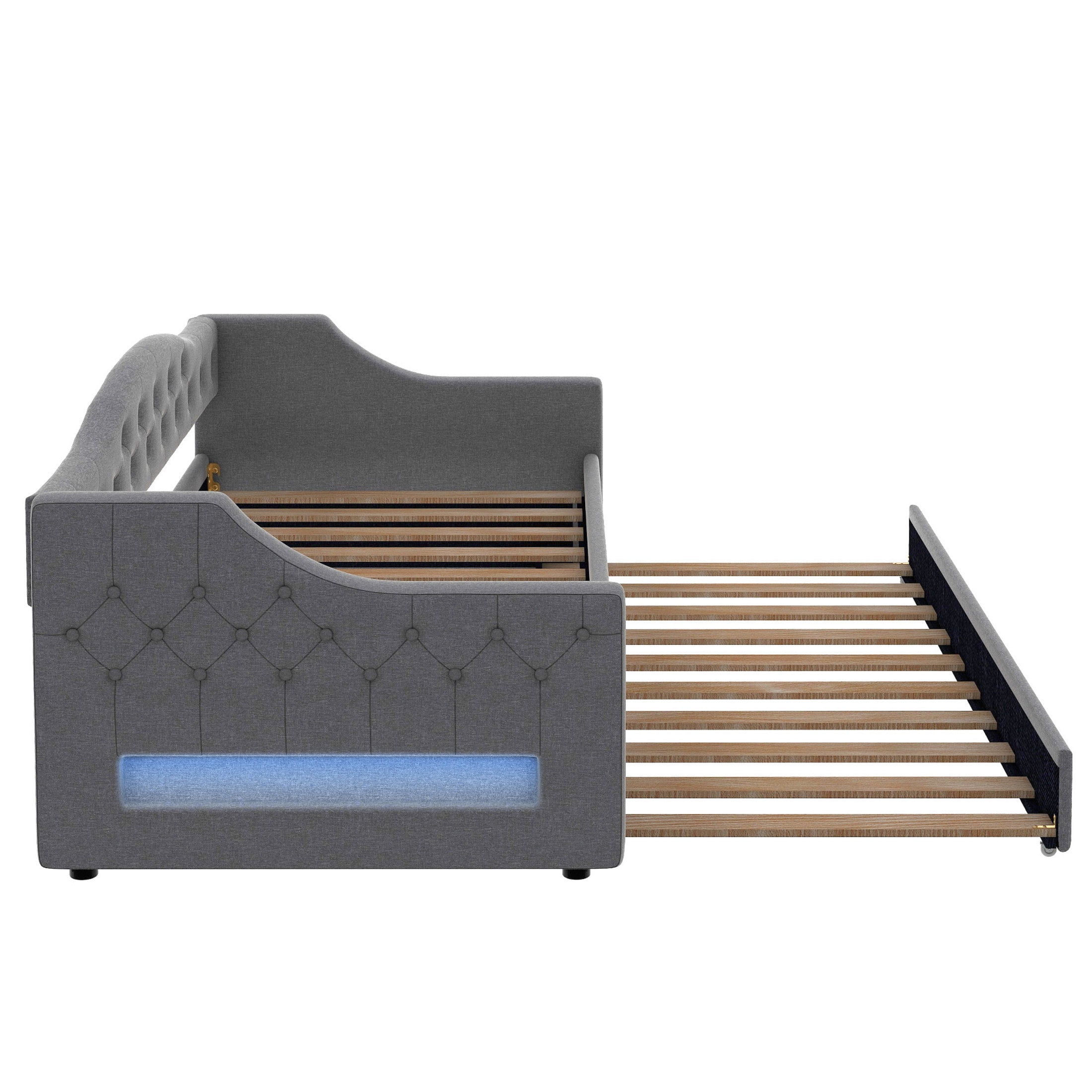 Noble House Twin XL Upholstered Daybed, Linen Frame with 7-Color LED Belt and Trundle, Space Saving Design, Gray