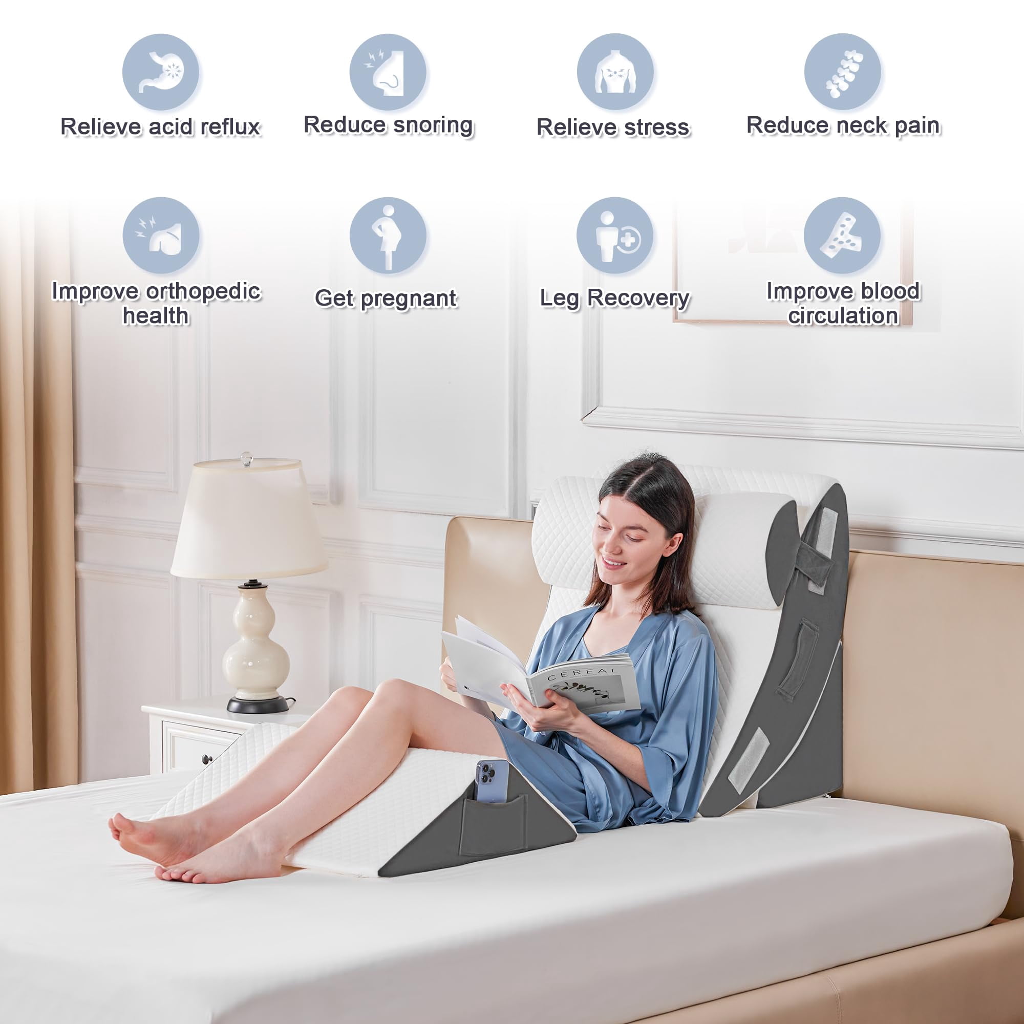 4pcs Bed Wedge Pillow Set For Sleeping  Foam Body And Leg Triangle Adjustable Support - Acid Reflux Pillows
