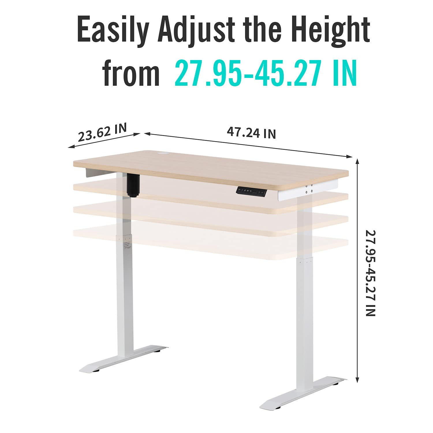UNICOO® Height Adjustable Electric Standing Desk, 47.24 x 23.62 Inches Stand up Table, Sit Stand Home Office Desk with One Piece Tabletop (NTESMF01-W + 48 in Light Oak TOP)