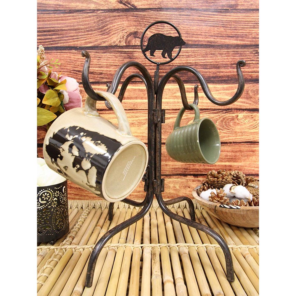 Metal Rustic Forest Black Bear Mug Tree Holder Organizer Rack Stand