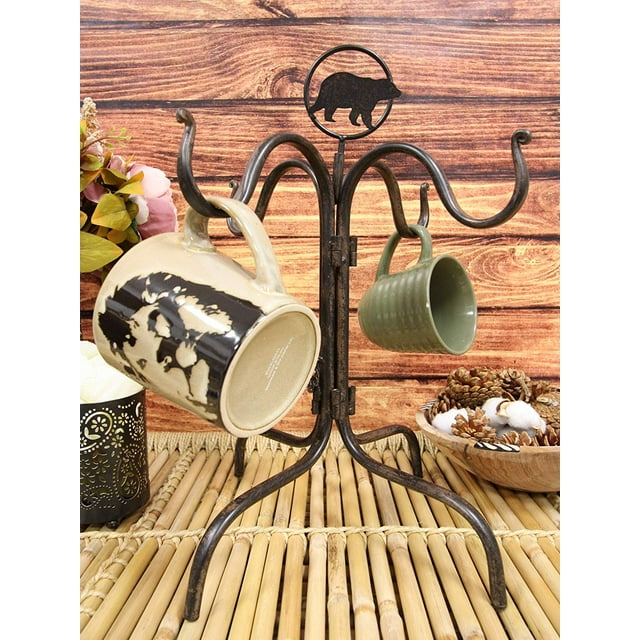 Ebros Gift 15.25" High Rustic Forest Black Bear Mug Tree Holder Organizer Rack Stand with 4 Hooks Metal Sculpture Storage Solution Decorative Bears Accent Cabin Lodge Mountain Resort