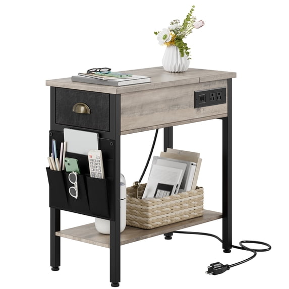 Fashionwu End Table with Charging Station, Side Table and Nightstand with USB Ports & Outlets, Narrow End Table with Drawer, Fabric Bag and Storage Shelf for Living Room, Bedroom