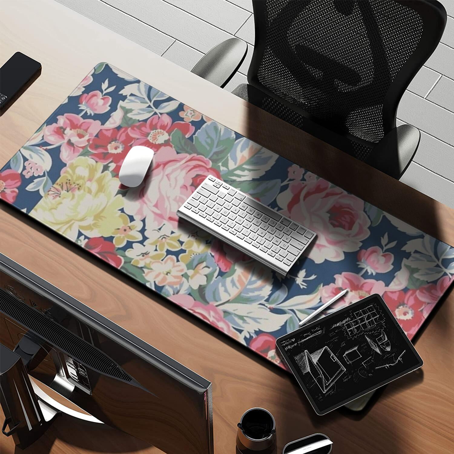Long Mouse Pads for Desk,Pioneer Flower Floral Print Pattern Desk Mats on Top Of Desks, Desk Mouse Pad Extra Large with 3mm Non-Slip Base and Stitched Edge for Gaming,Office,Work,Home 35.4"x15.7"