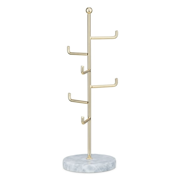 Navaris Jewelry Stand Organizer Holder - Gold and Marble Tree for Necklaces, Bracelets, Chains - 11.8" High Metal Hanger Rack Storage with 6 Tiers