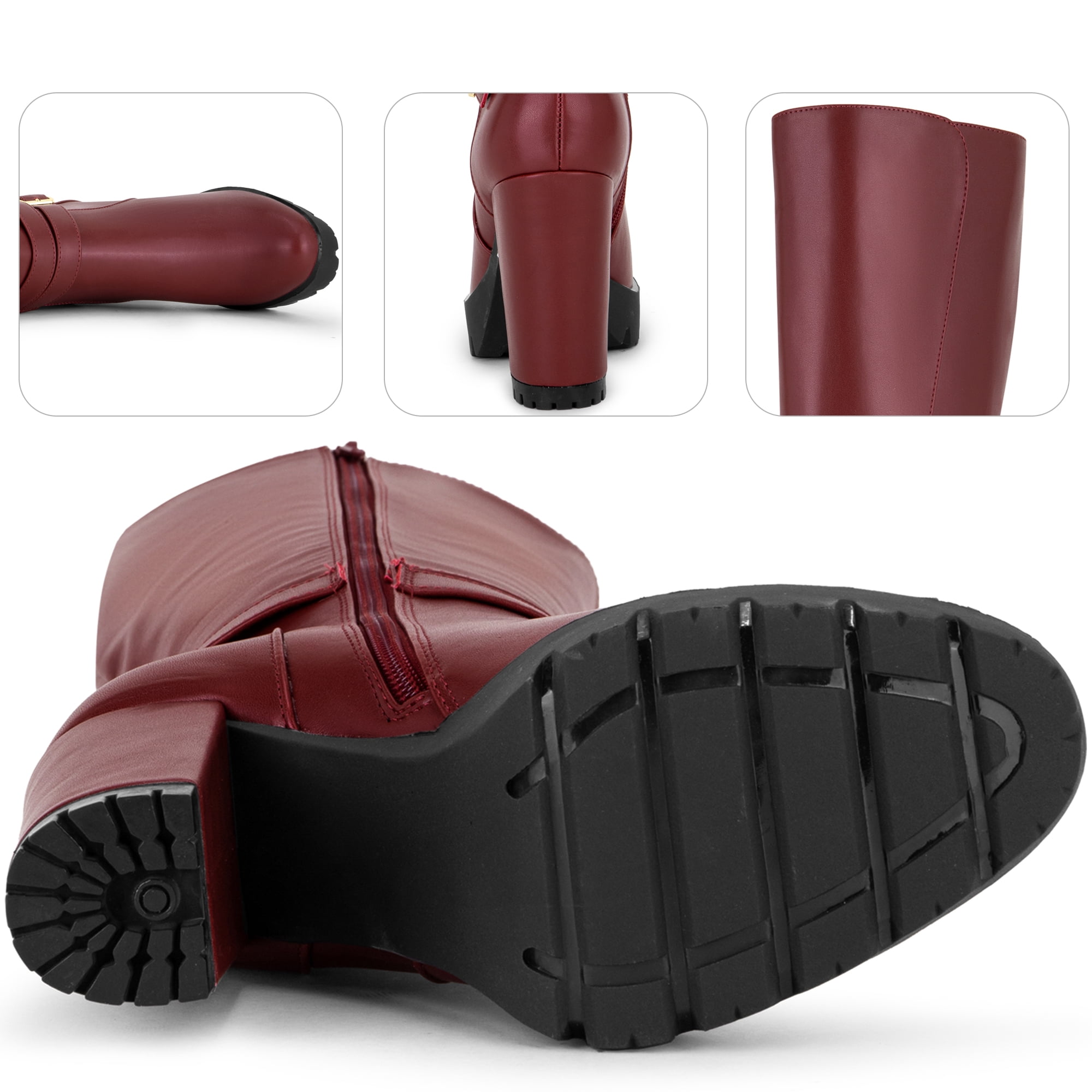 DARING DIVA Women's Round Toe Platform Chunky Heels Knee High Boots Burgundy 7