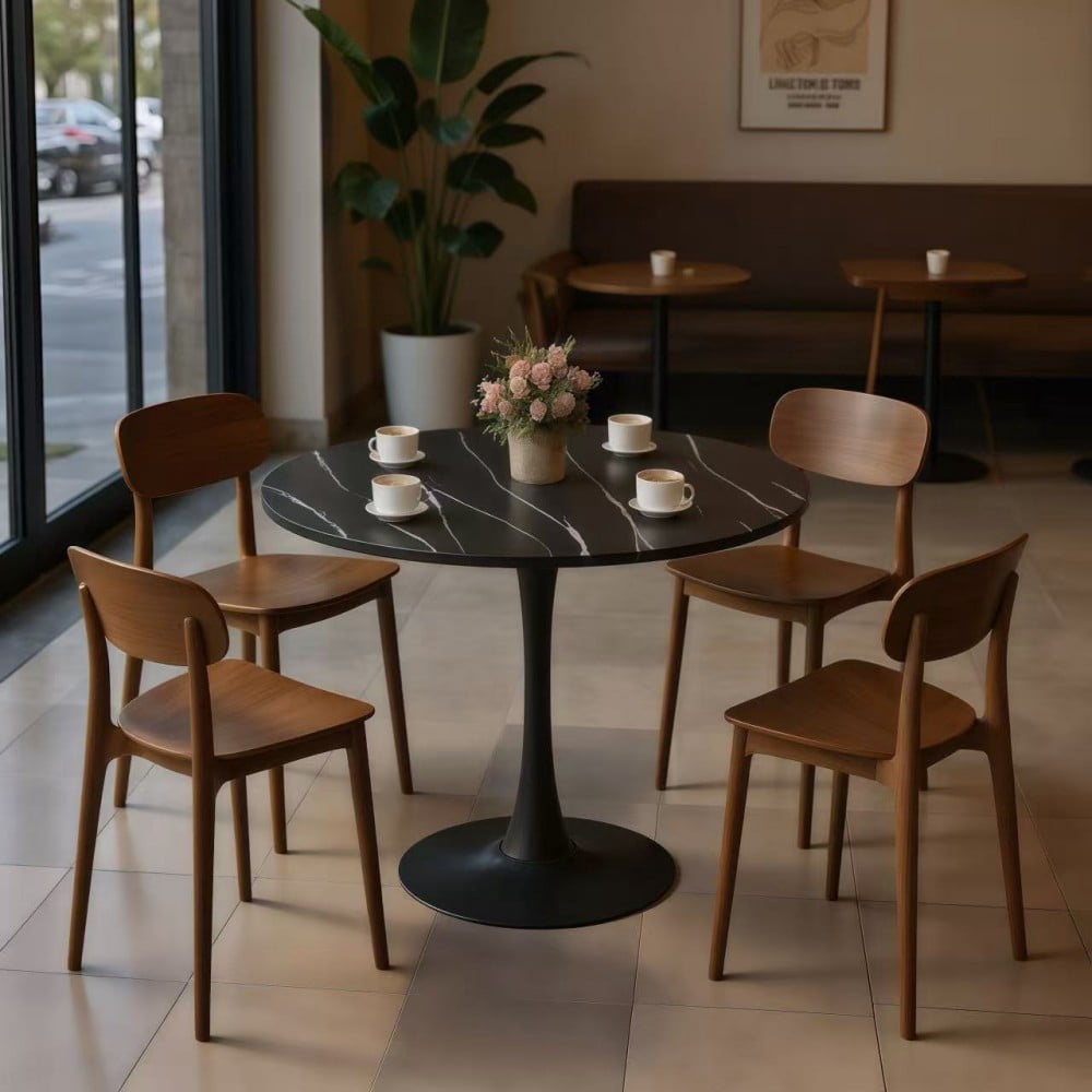 24" Round Dining Table, Modern Tulip Kitchen Table with MDF Top and Steel Pedestal Base, Mid Century Coffee Table for Living Room, Apartment, Marble Black