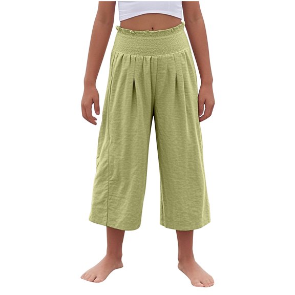 Girls Casual Linen Capris Smocked High Waist Capri Pant Pleated Loose Wide Leg Pull On Crop Trousers 6 Years, Green